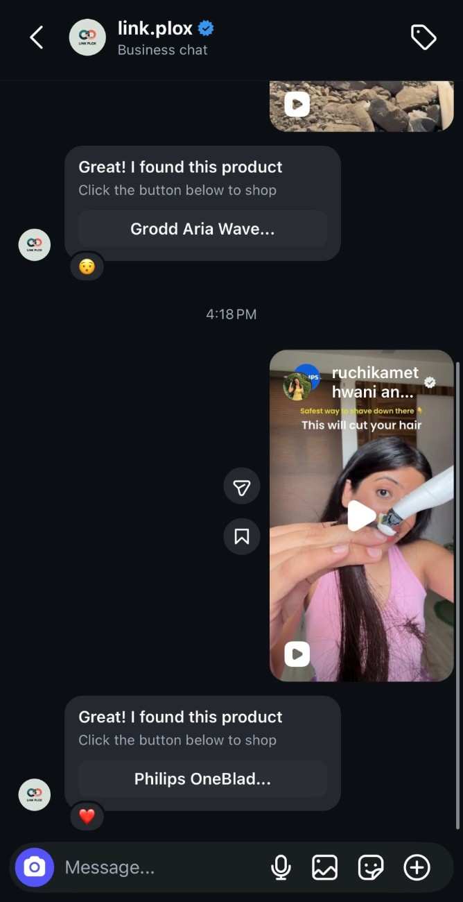 Link Plox Instagram chat finding product links from shared Reels